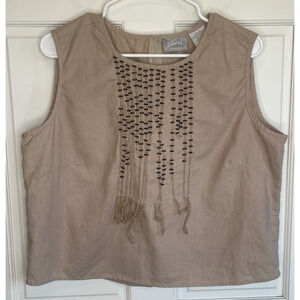 Vintage Women's Beaded Cropped top Sz L Linen Embroidered Lagenlook Cowgirl